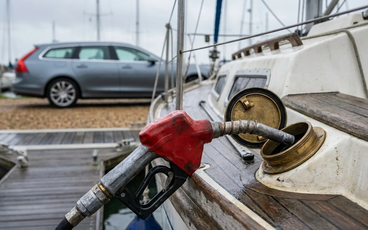 Red-dyed marine diesel nozzle beside a boat fuel filler, with a car beyond the marina dock.
