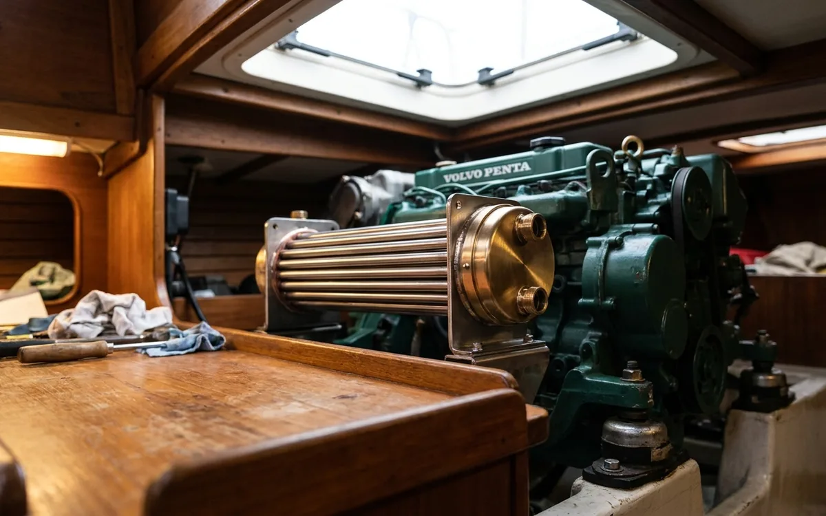 Marine shell-and-tube oil cooler beside a Volvo Penta diesel in a boat engine compartment