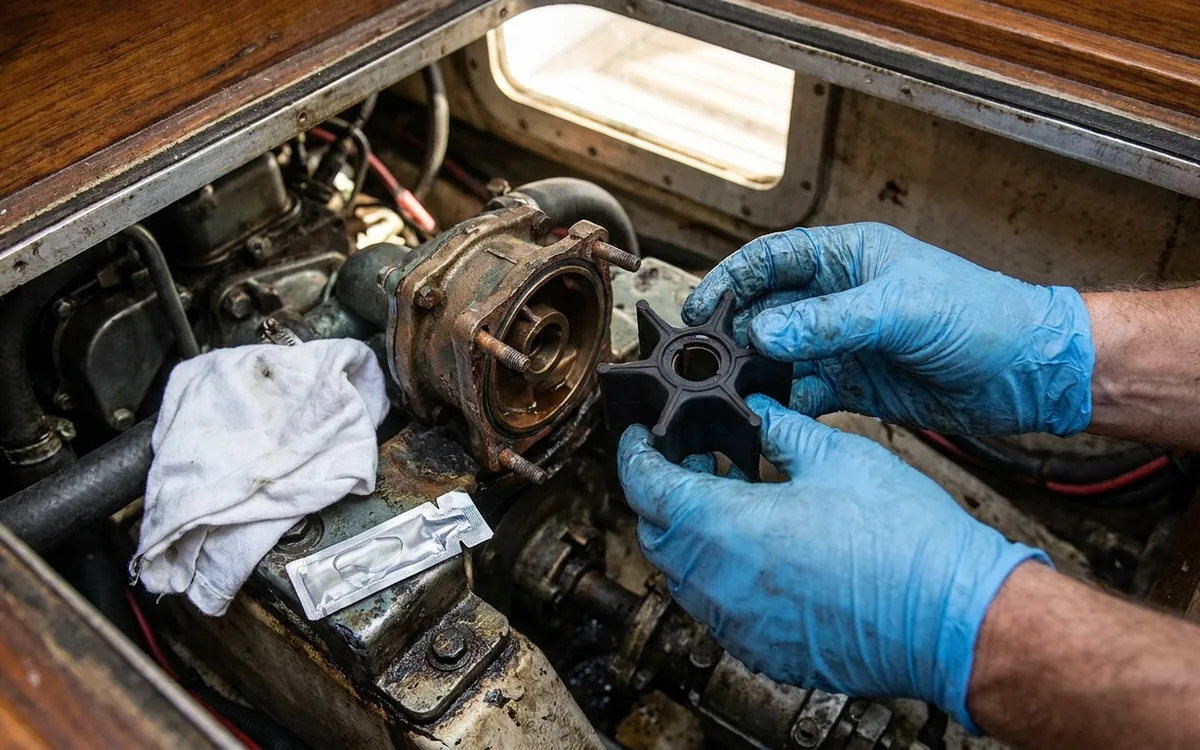 Black neoprene impeller beside an open bronze raw-water pump and water-based lubricant sachet