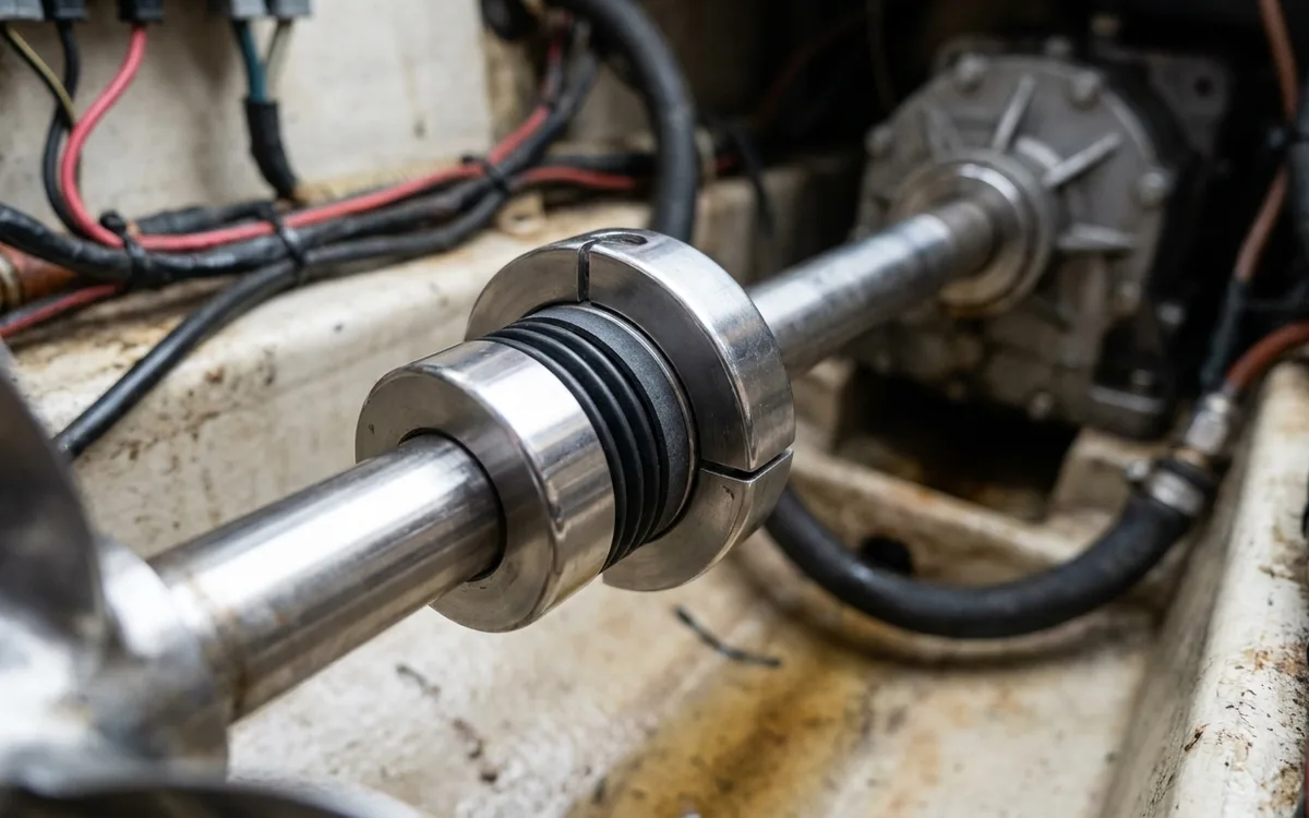 Split shaft collar positioned behind a dripless seal rotor inside a boat engine compartment