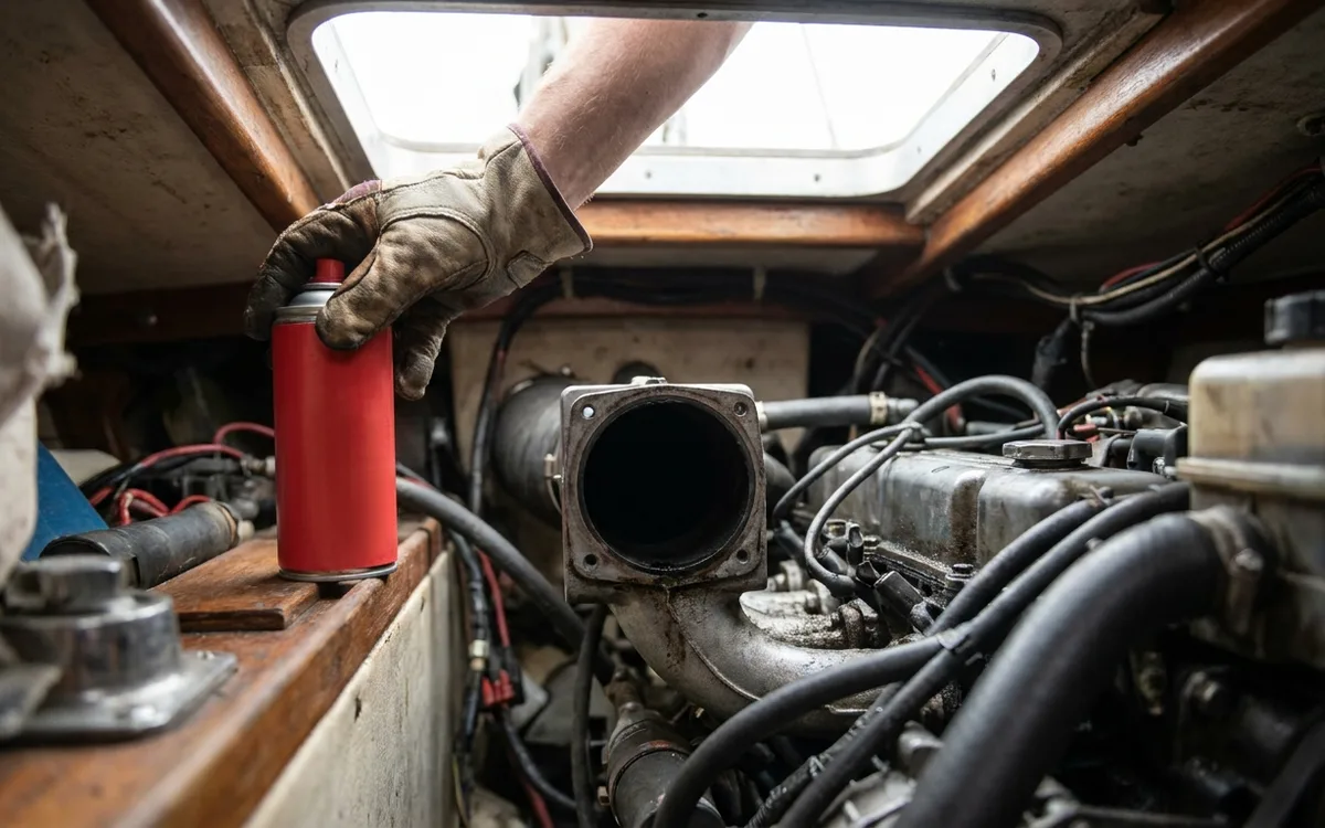 Unopened brake cleaner kept away from an exposed marine engine intake.