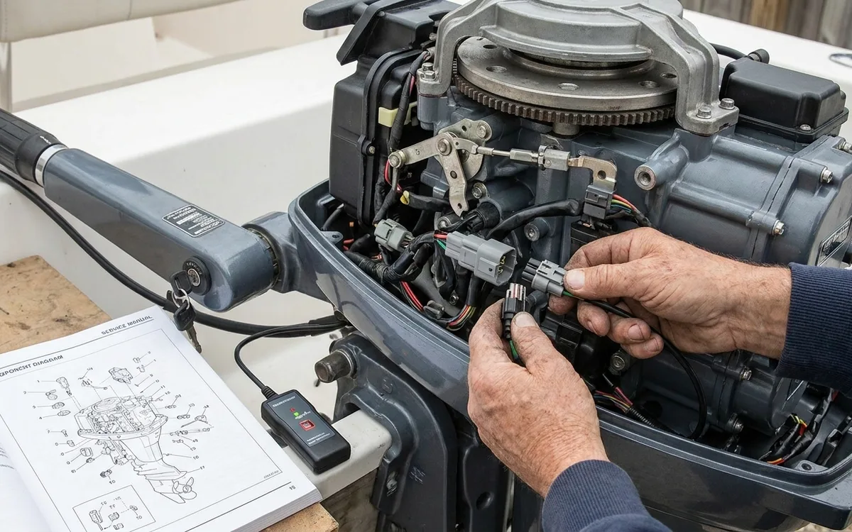 Hands connect a Yamaha diagnostic indicator to the identified OX66 harness lead with the ignition off.