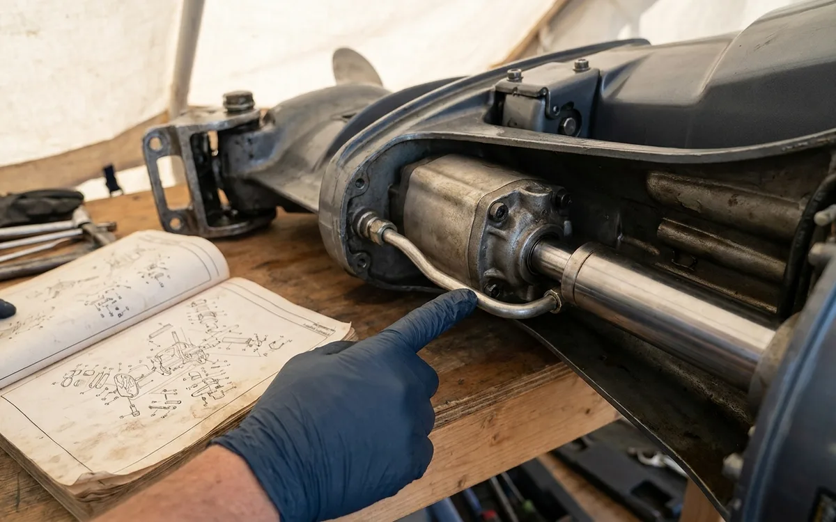 A gloved hand traces a formed metal pipe from the trim-and-tilt hydraulic body to a lifting ram.
