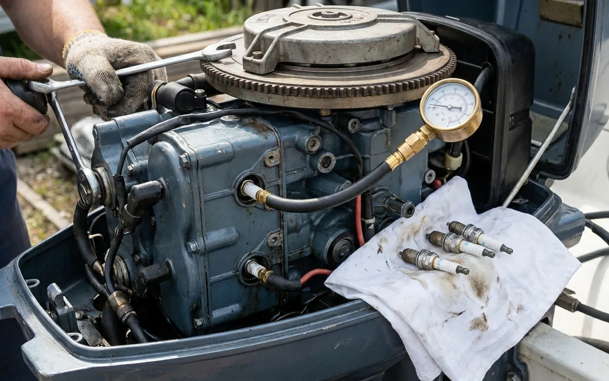 A compression gauge is seated in one cylinder while the other three spark plugs are removed for comparison.