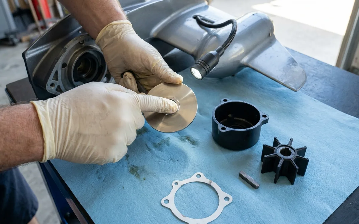 Hands inspect the F225XB water-pump wear plate under a light, checking the impeller track for grooves.