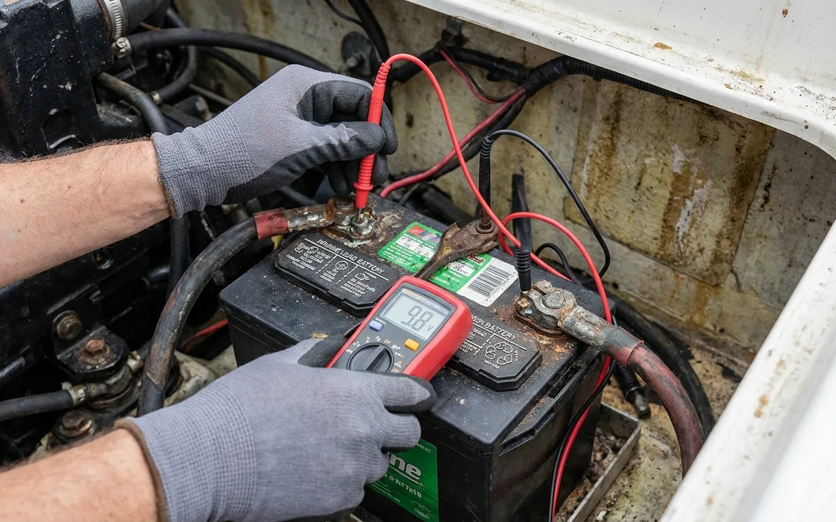 Hands measure voltage directly across a boat starter battery’s positive and negative posts during cranking.