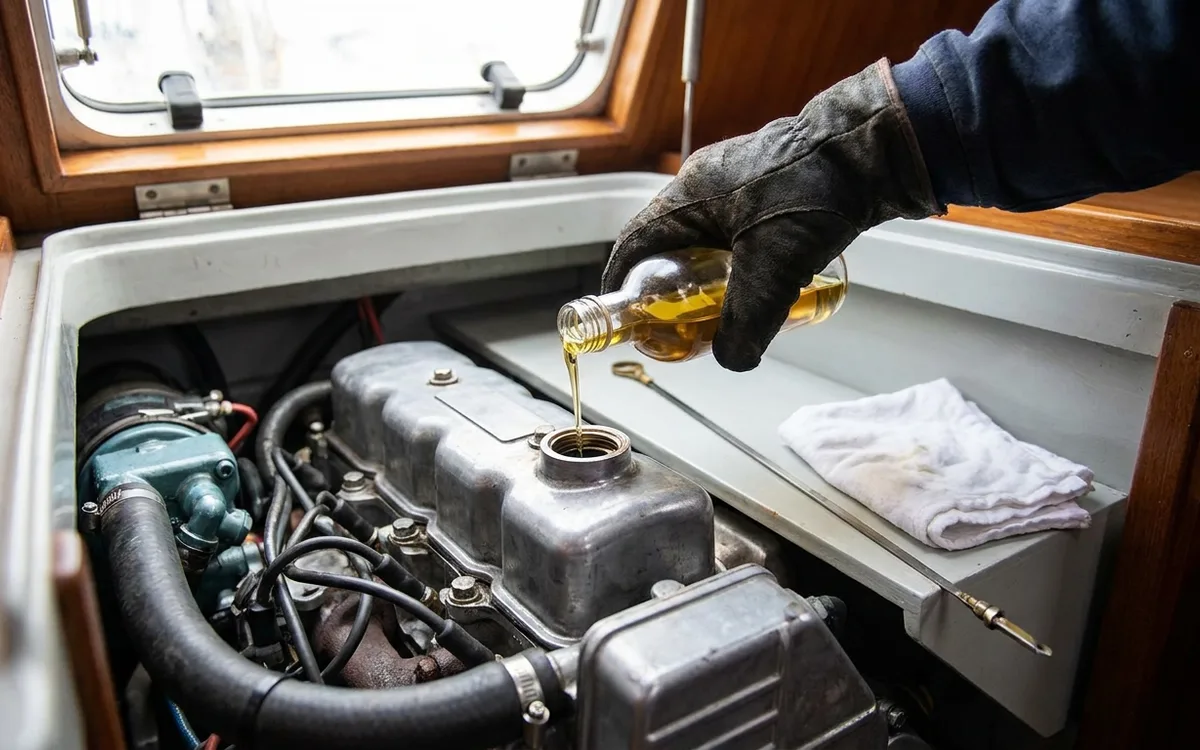 A gloved hand carefully pours oil into an inboard engine beside its dipstick.