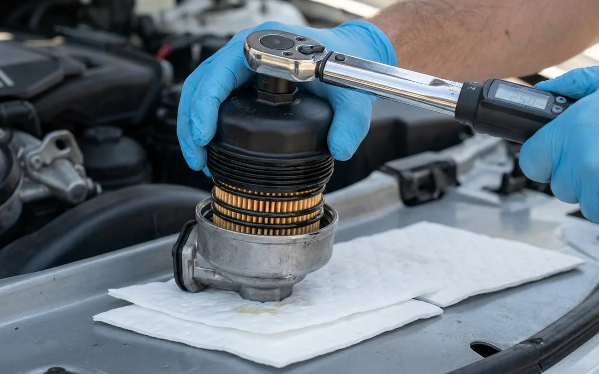 Gloved hands tighten a cartridge oil filter cap to 25 Nm after fitting three oiled O-rings.