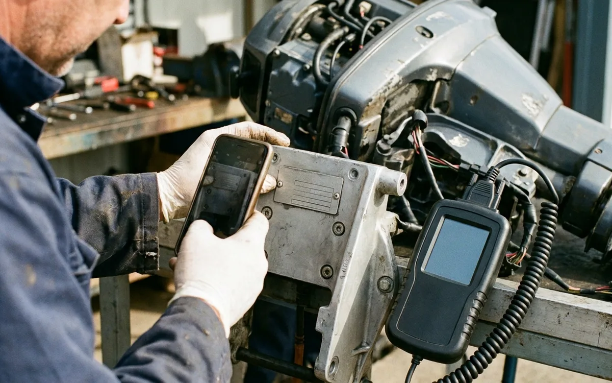 Hands photograph the outboard’s identification plate before matching diagnostic codes to the engine.