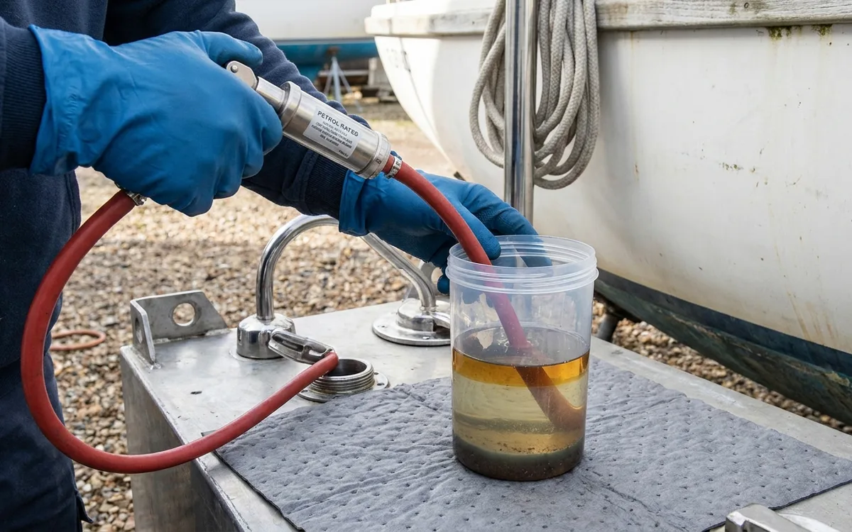 Hands pump fuel from the tank’s lowest service opening into a clear container to check for water and sediment.