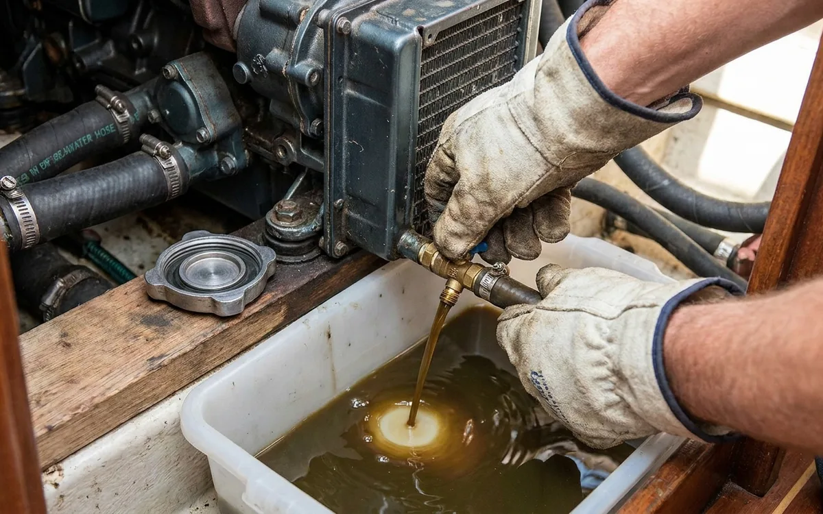 Gloved hands open the cold engine block coolant drain over a pan, draining muddy fluid from the freshwater circuit.