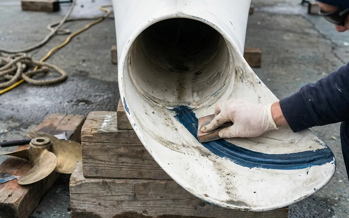 A gloved hand sands excess antifouling paint from a bow-thruster tunnel with the propeller removed.