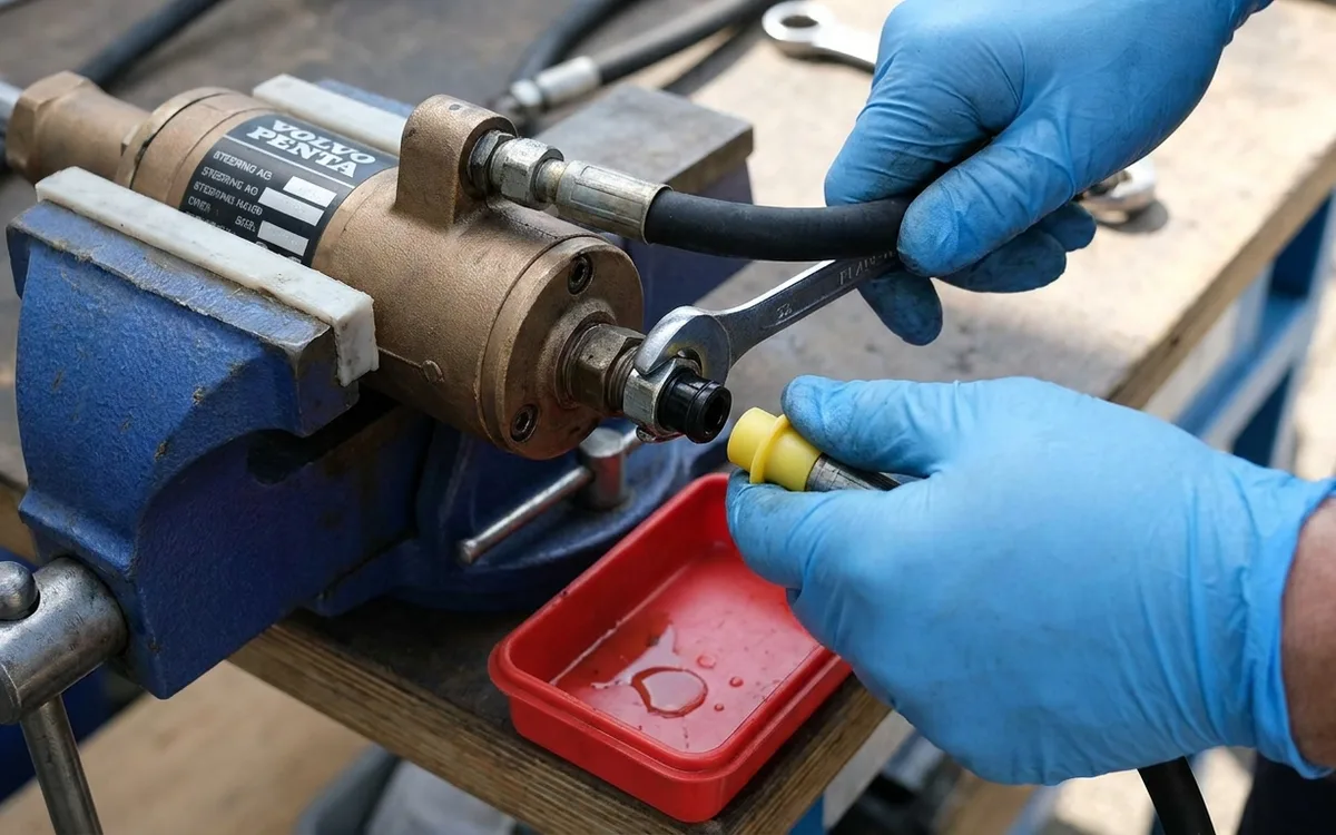 Hands disconnect a steering actuator hose with a flare-nut wrench and cap it over a drain tray.