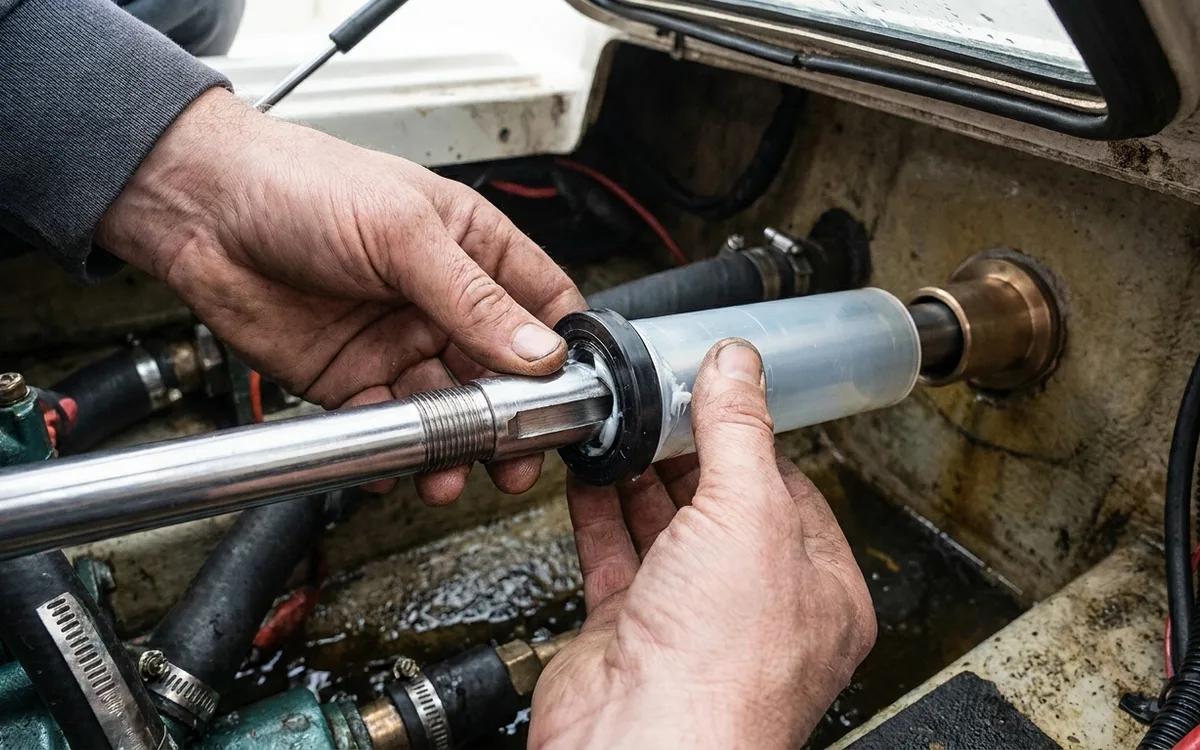 Hands slide a greased shaft seal over a plastic sleeve protecting the propeller shaft keyway.