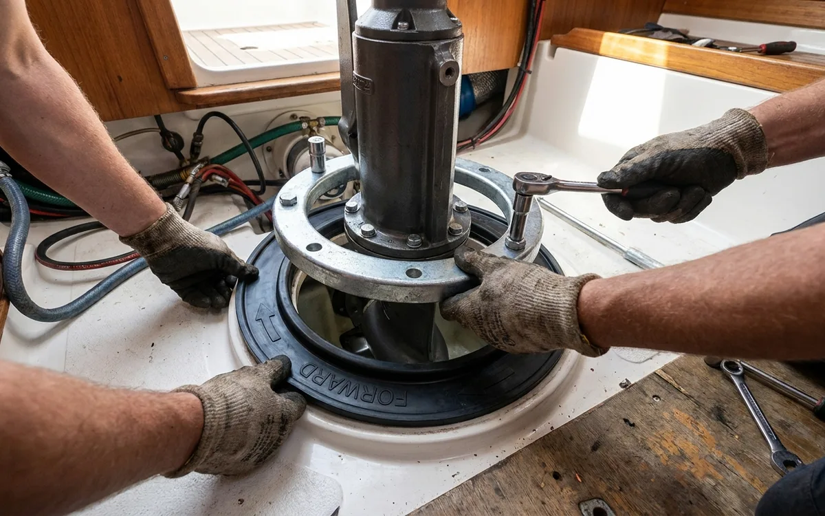 Hands align the saildrive diaphragm’s forward arrow and tighten its clamping ring bolts diagonally.
