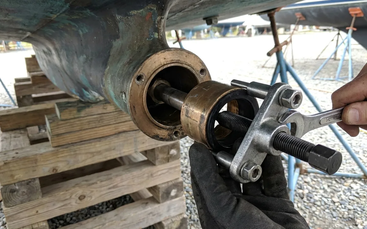 Hands use a bearing extractor to pull the cutless bearing sleeve straight from the stern housing.