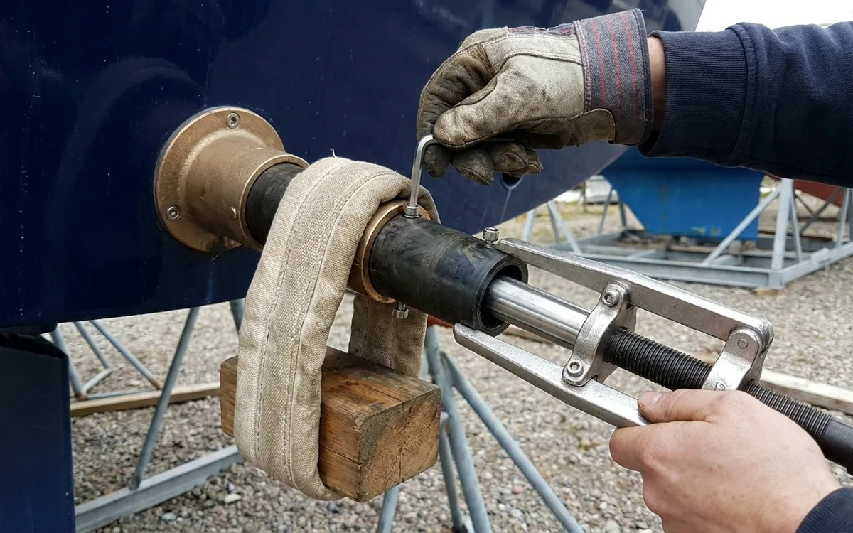 Hands loosen the bearing’s two Allen screws as a padded sling supports the shaft and the composite sleeve is turned out.