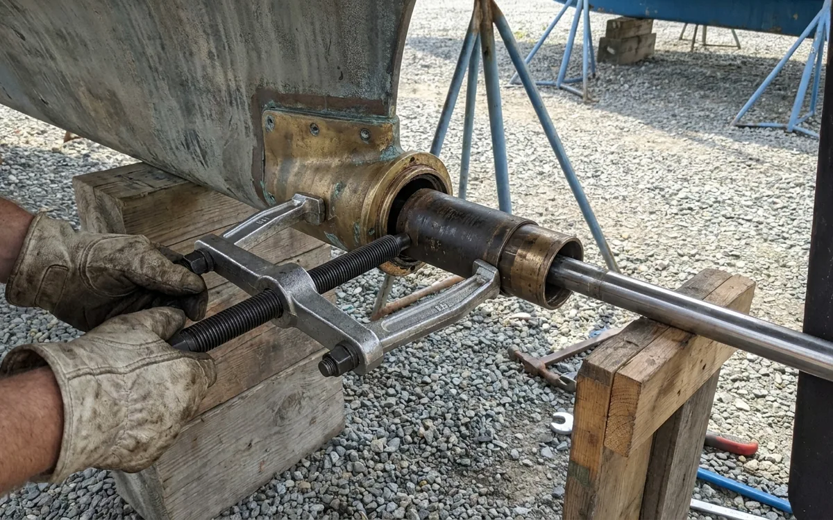 A bearing puller draws the old cutless bearing straight out of the supported stern-tube housing.