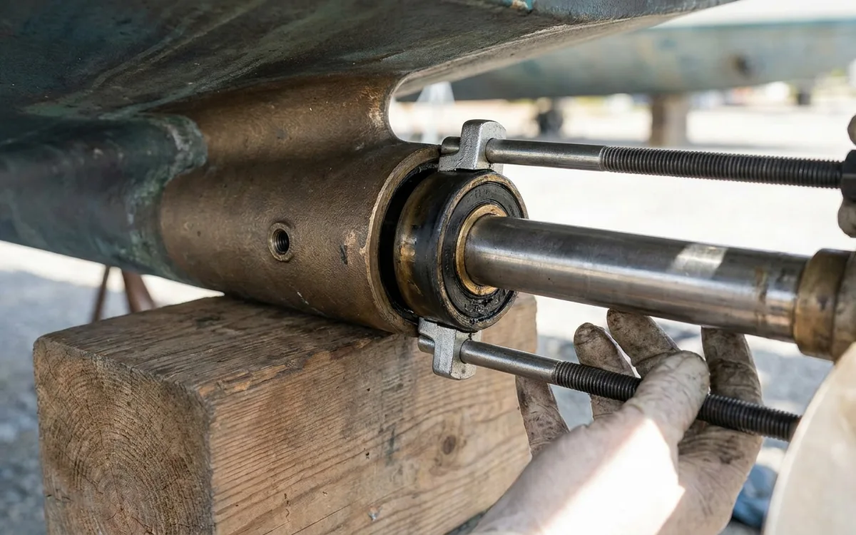 A mechanic supports the propeller shaft while extracting the cutless bearing straight from the stern tube.