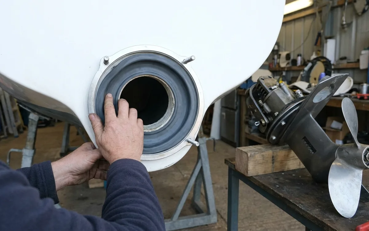 Hands seat the new saildrive diaphragm evenly, with its sealing lip flat and untwisted in the hull opening.