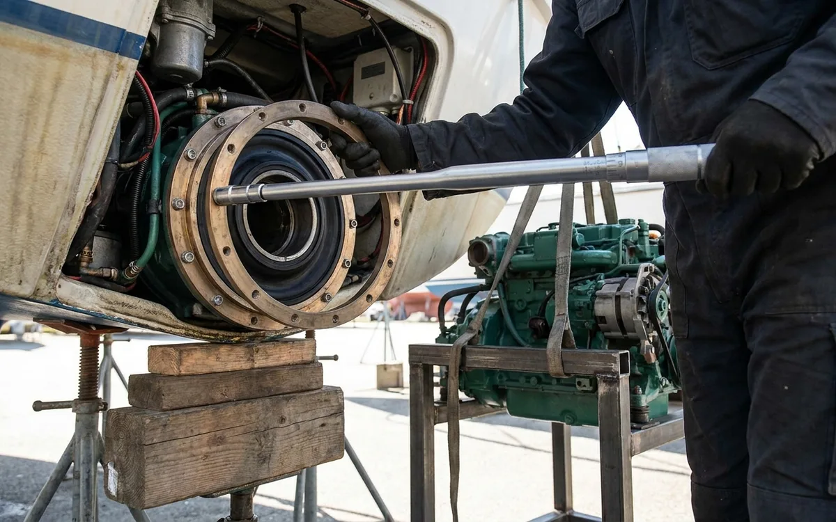 Mechanic supports a saildrive leg and loosens its clamping ring with a torque wrench before diaphragm removal.
