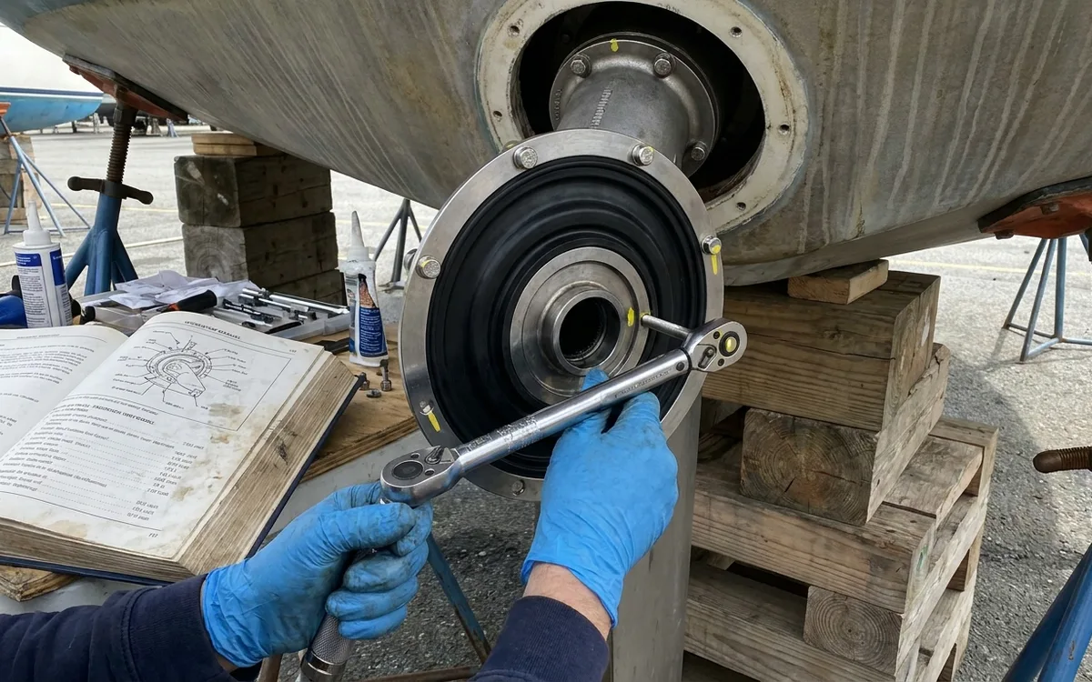 Hands torque a diaphragm retaining fastener as the new seal sits evenly around the saildrive leg.