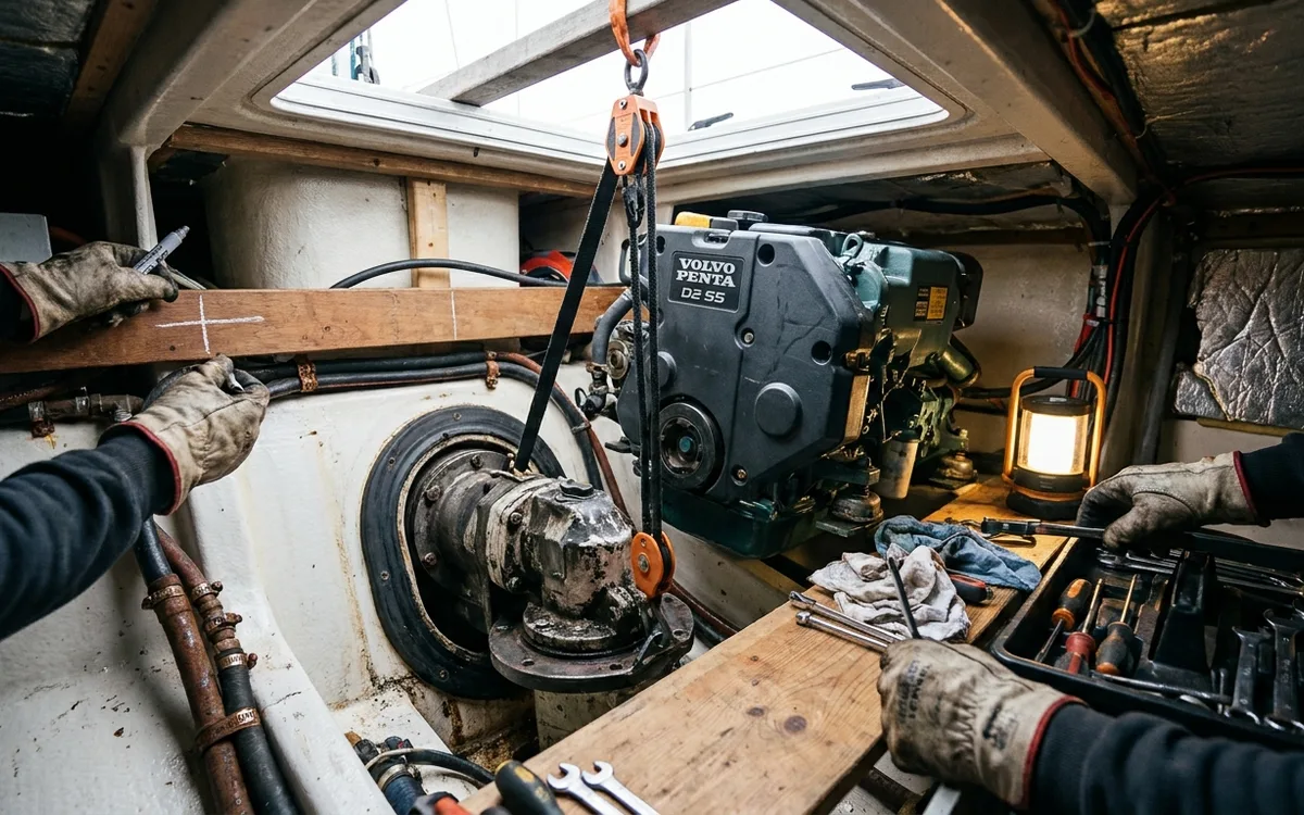 D2-55 engine supported and shifted forward to access the saildrive seal