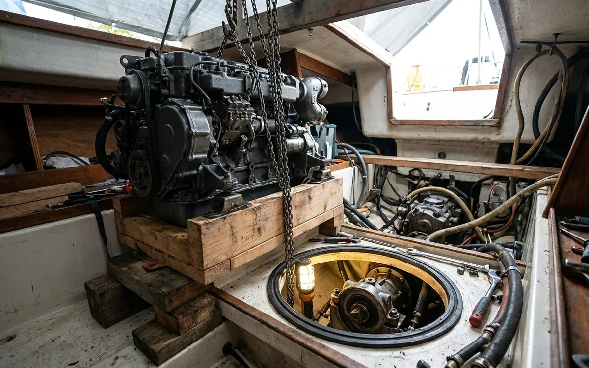Chain block supports the shifted engine beside the exposed saildrive seal opening in an HR 46 engine room.