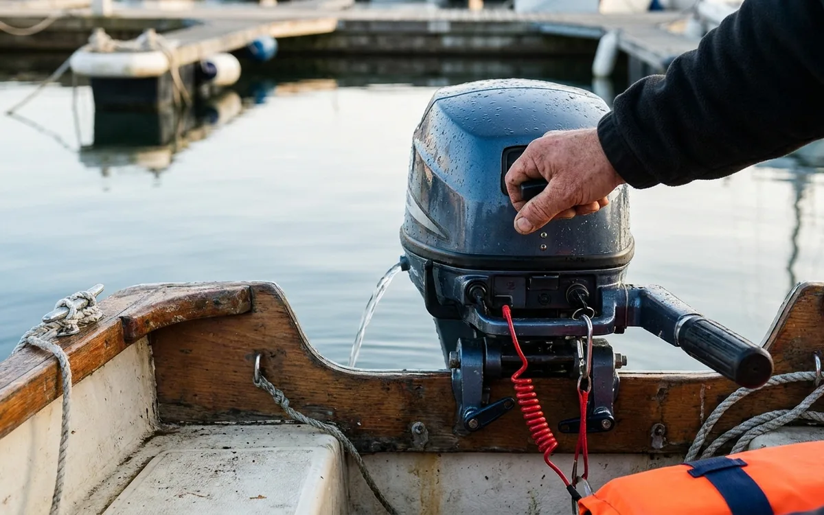 A boater steers a running outboard as cooling water streams from the tell-tale.