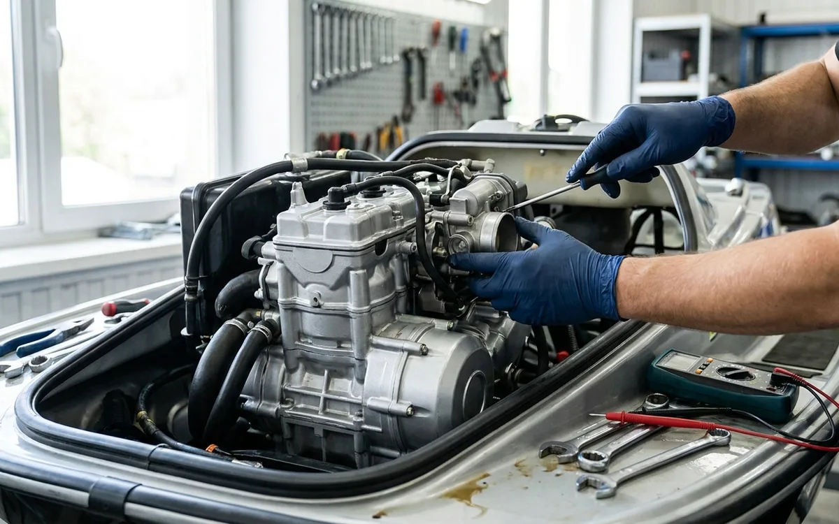 Gloved hands remove the idle speed control valve from a personal watercraft engine.