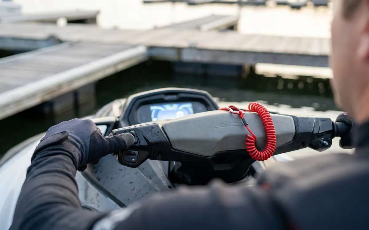 A hand presses the WaveRunner’s Start/Stop button as the Connext display wakes, with the lanyard unclipped.