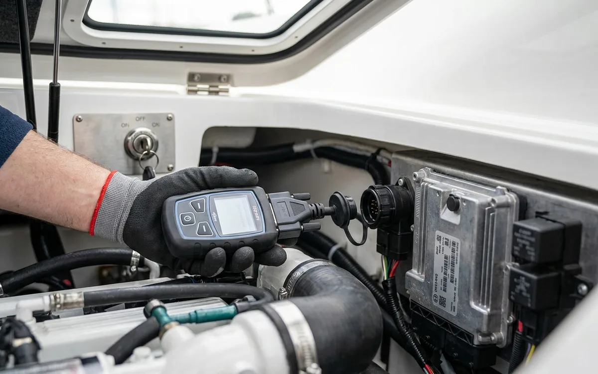 A scanner adapter connects to the data link connector beside a boat engine’s ECM.