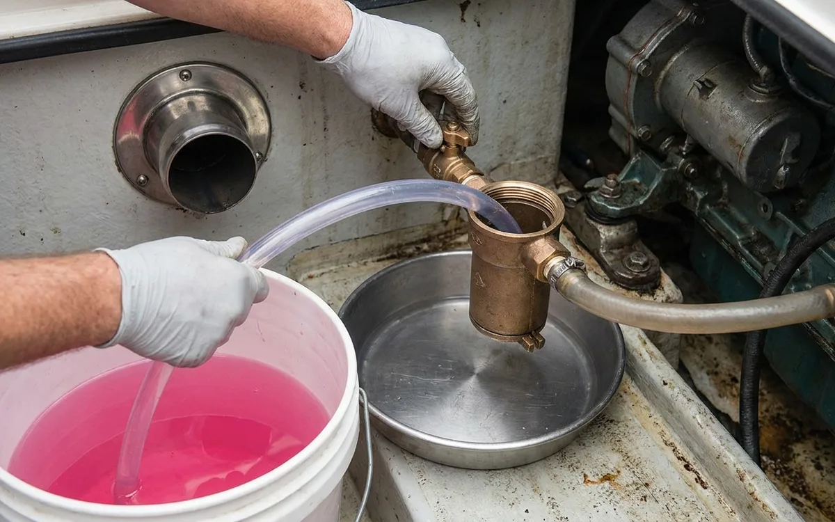 Hands feed marine antifreeze into the raw-water strainer hose for winterizing the engine.