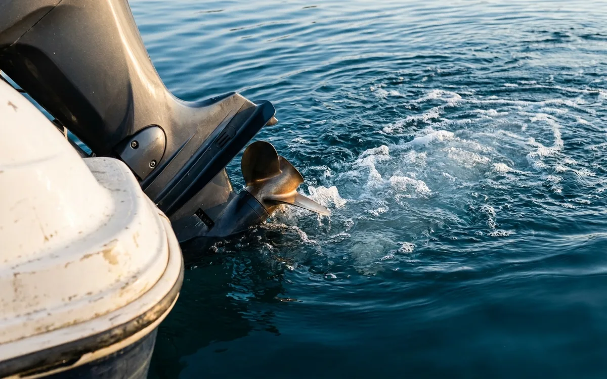 Outboard propeller turning underwater and pushing water into a foamy wake.