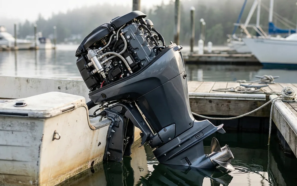 Modern outboard with its powerhead exposed, showing the engine above the driveshaft and propeller.