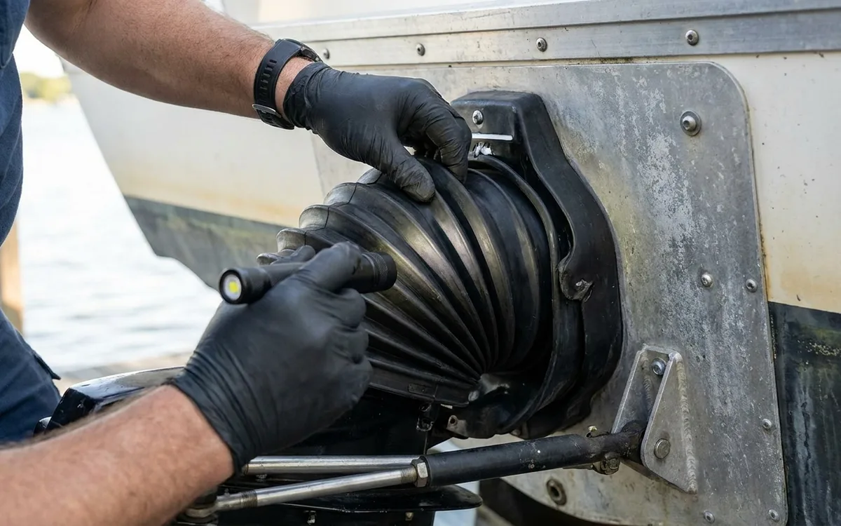 Hands flexing sterndrive bellows to inspect the rubber folds for cracks and splits.