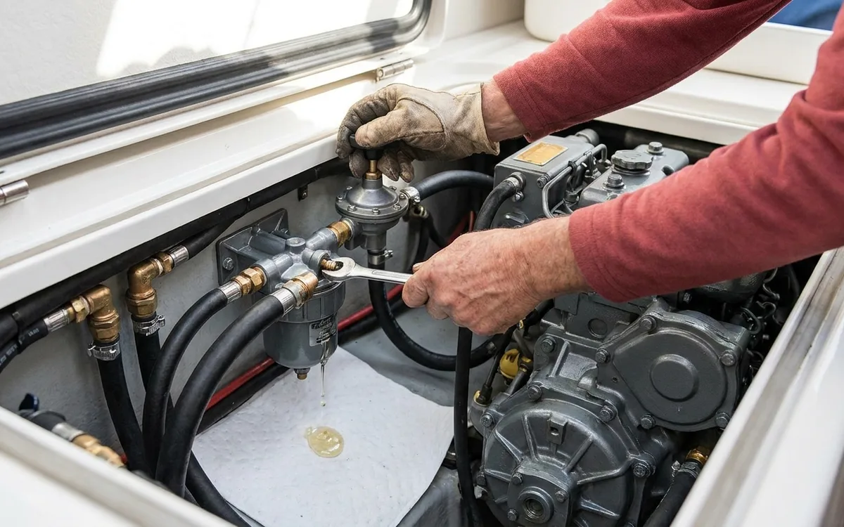 Gloved hands bleed a marine diesel fuel filter with the manual lift pump.