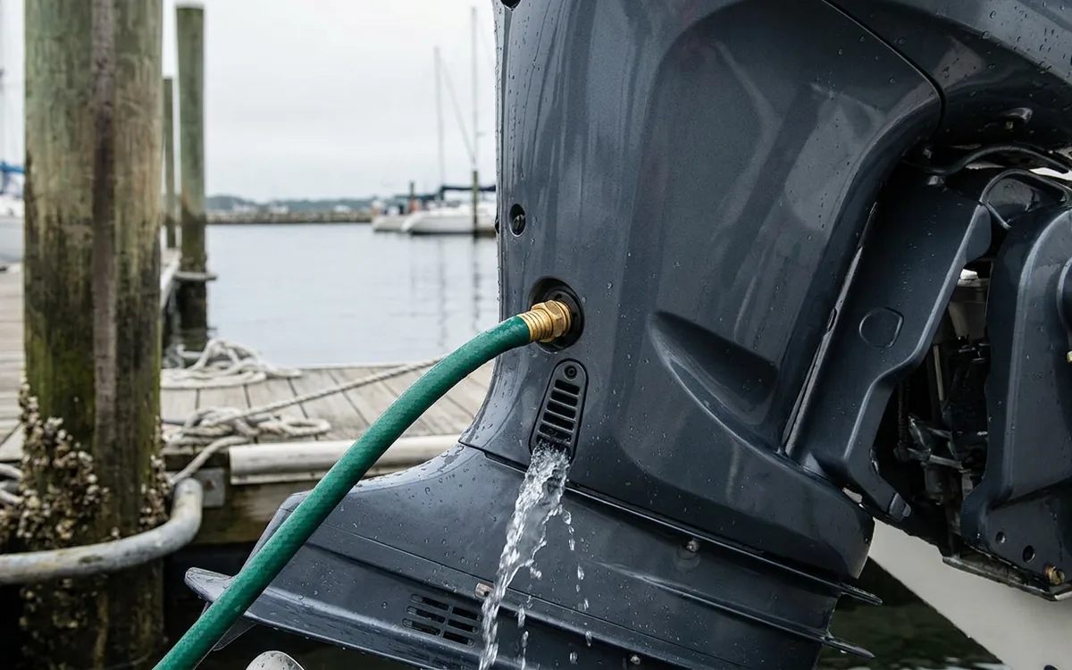 Garden hose connected to an outboard’s built-in flush port as fresh water drains through the engine.