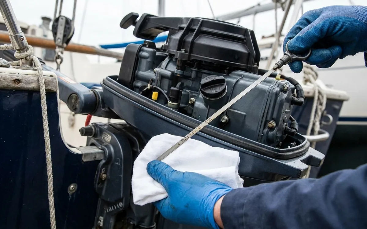 Hands wipe and recheck an outboard dipstick to confirm the four-stroke oil level.