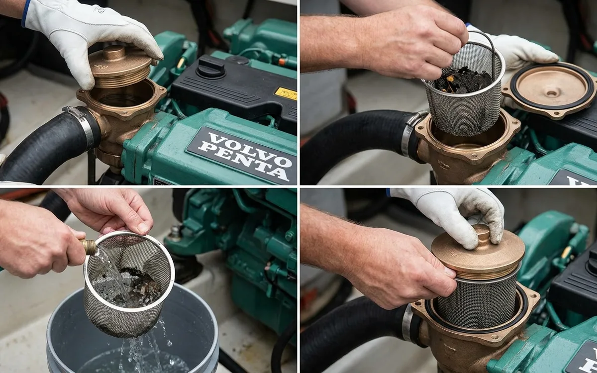 Hands clean a marine diesel seawater strainer basket and seat its gasket before replacing the lid.