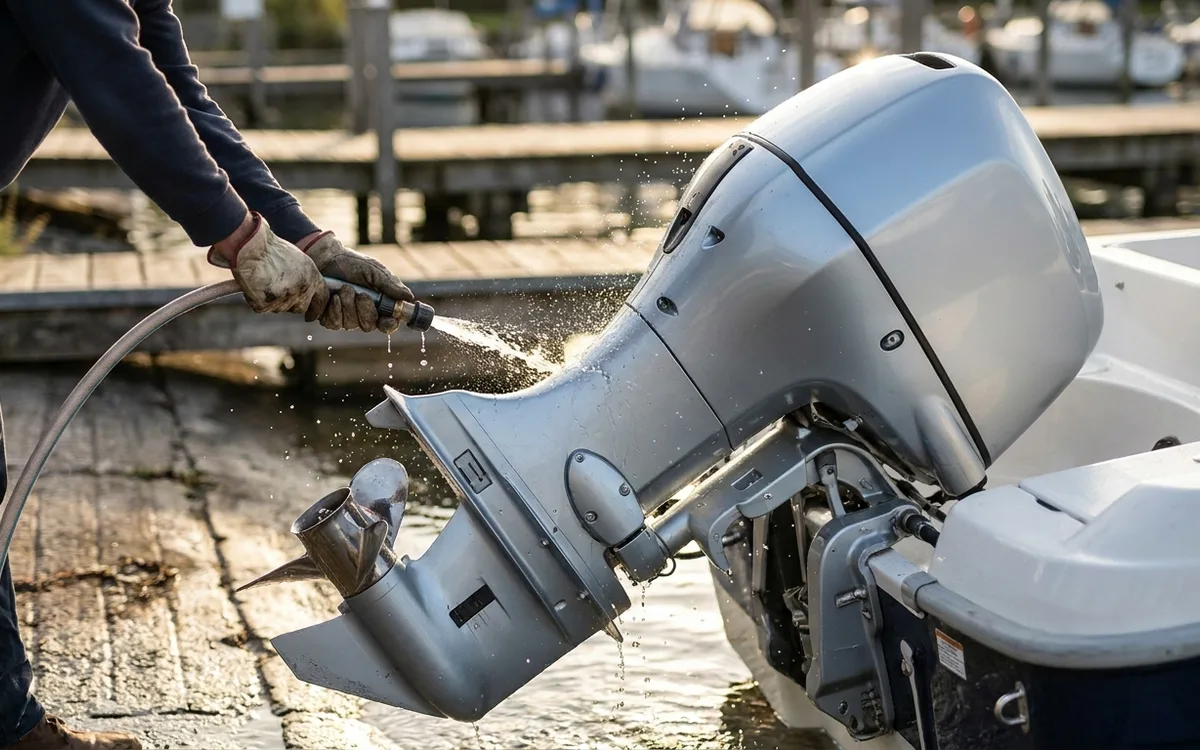 A leisure boat’s outboard motor being flushed with fresh water after use.