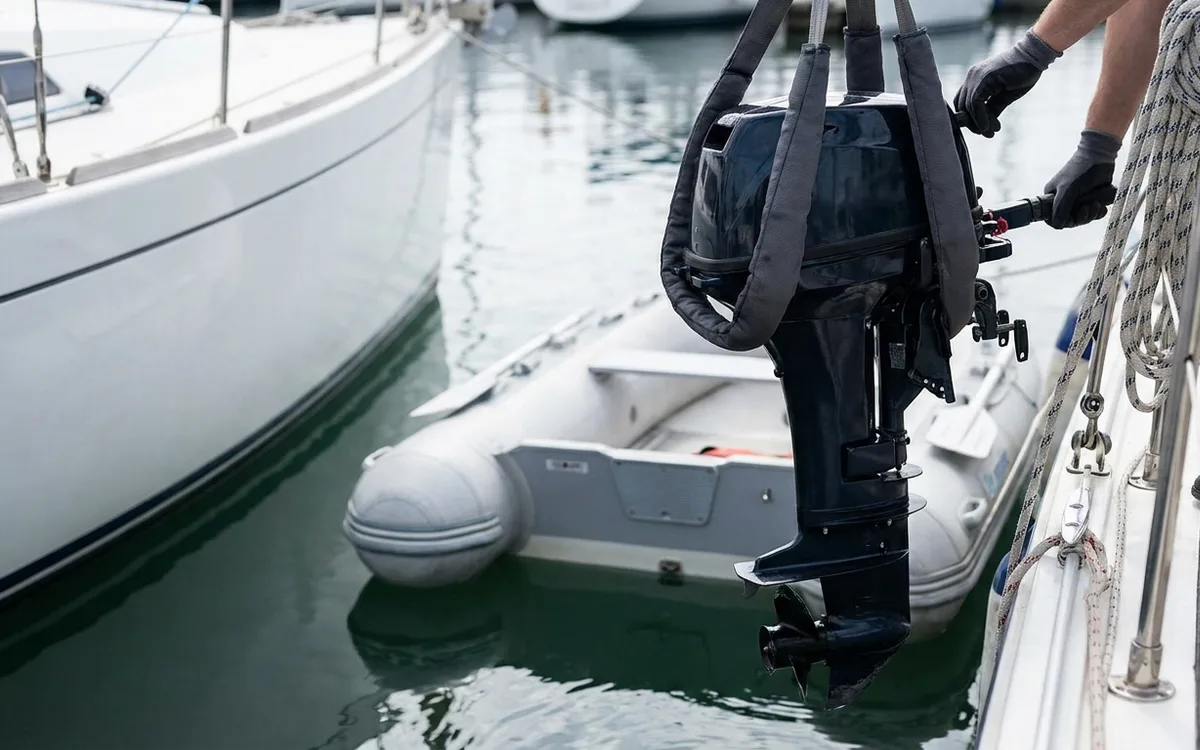 A compact outboard motor suspended by a lifting sling beside a tender at a marina.