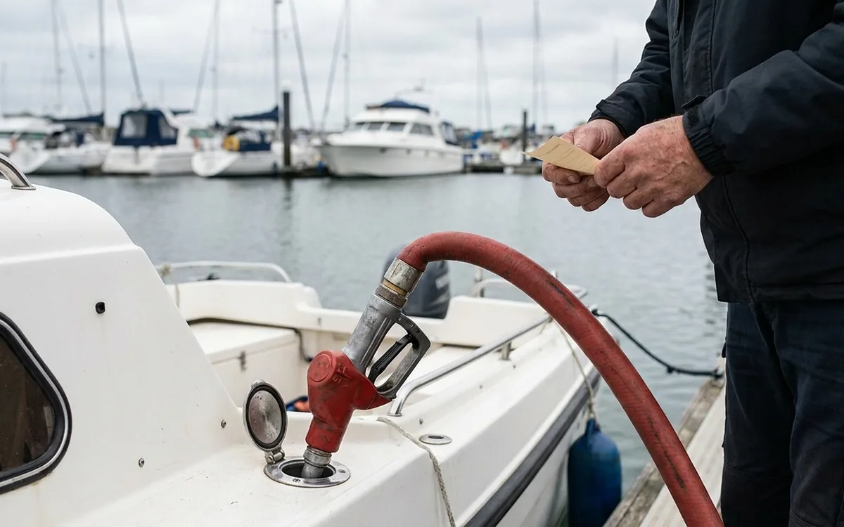 Red diesel nozzle beside a boat’s fuel filler at a marina, with a declaration form nearby.