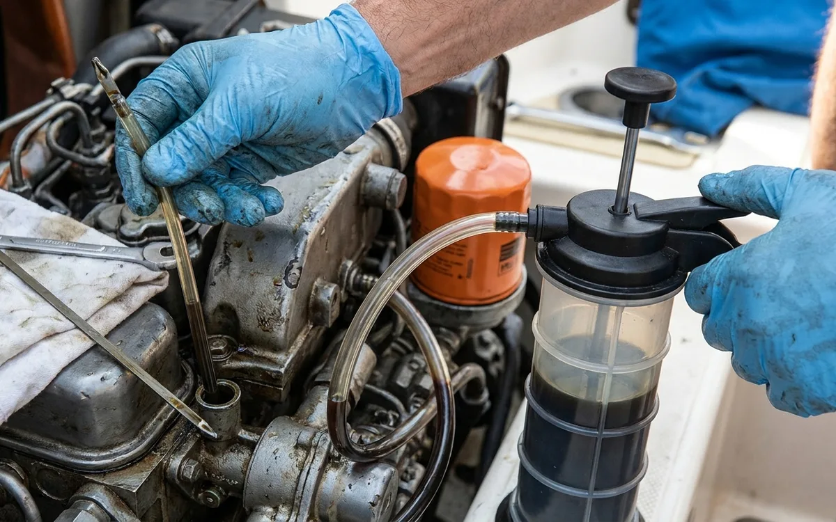 Hands pump an oil extractor with its tube inserted into a marine diesel’s dipstick tube.