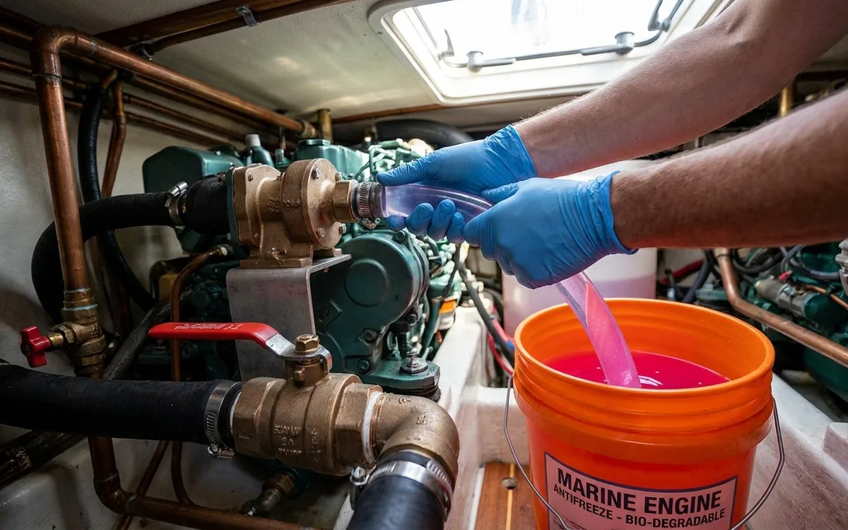 Hands feed antifreeze from a bucket through a sealed hose to the seawater pump with the seacock closed.
