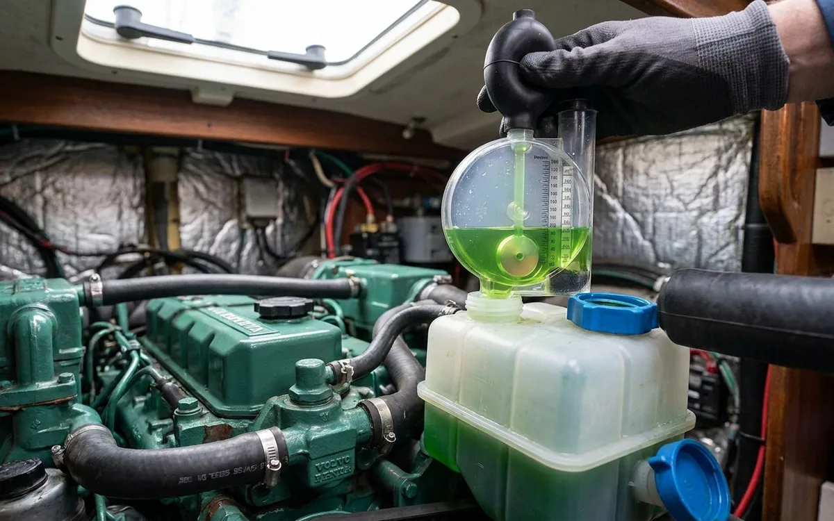 A hand draws engine coolant into a tester at the header tank to check antifreeze strength.
