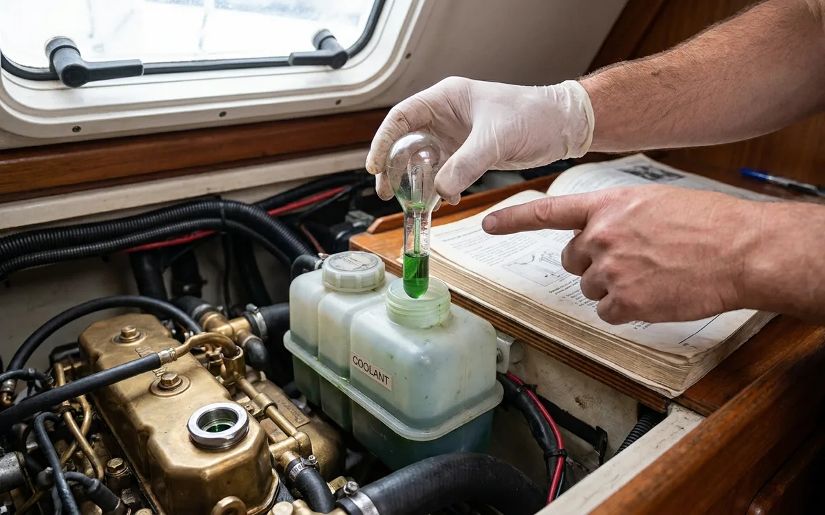 Hands test a sample of engine coolant to check its frost protection before winter storage.