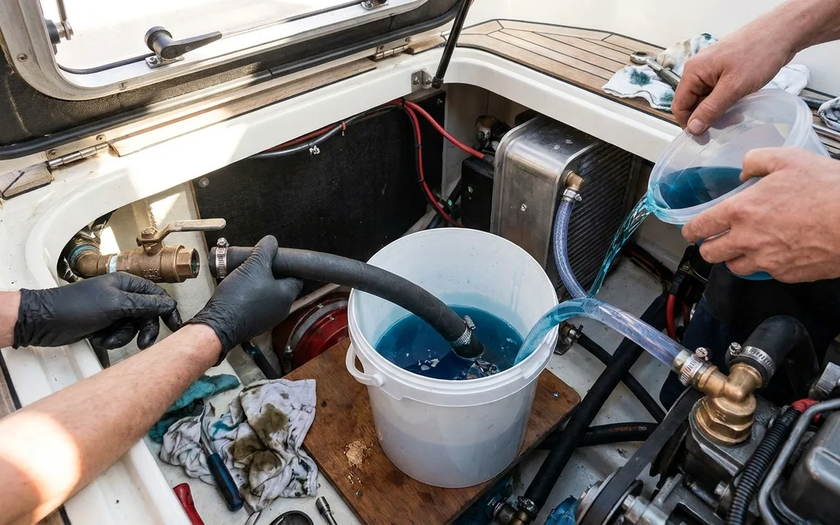 Hands connect a suction hose to the seawater pump inlet and place its end in winterizing antifreeze.
