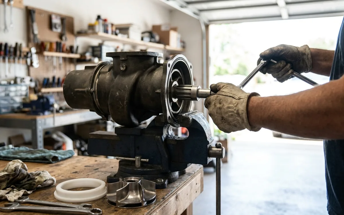 Jet pump secured in a vice as a splined tool loosens the impeller, with a replacement wear ring nearby.