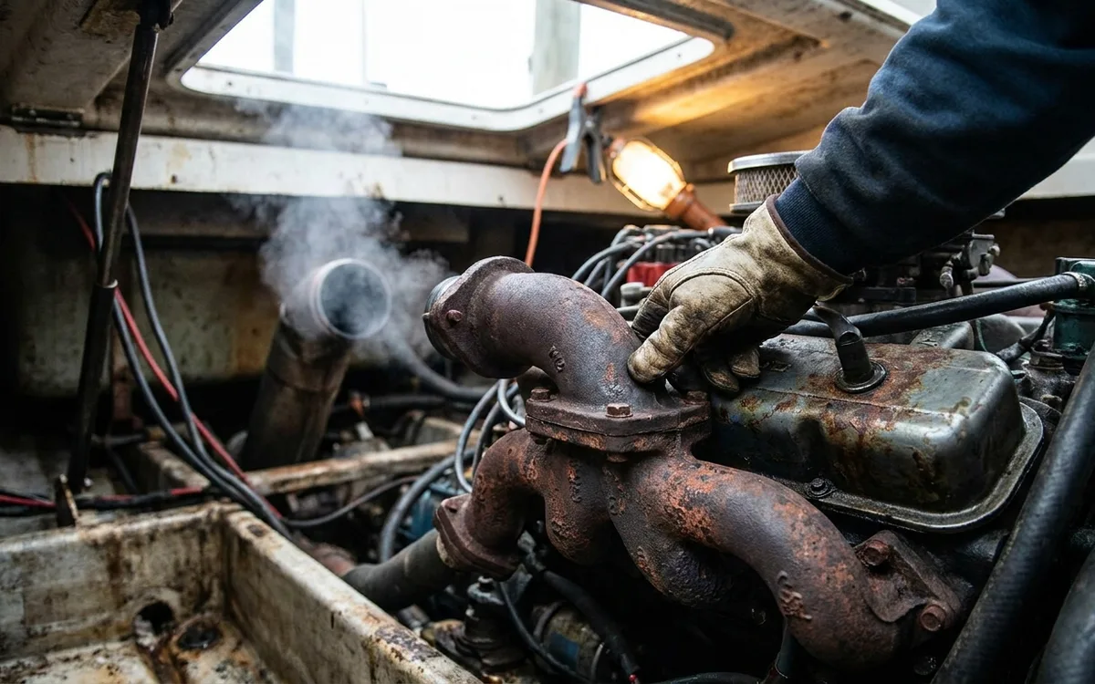 Corroded inboard exhaust manifold beside a V8 engine as white steam drifts from the exhaust.